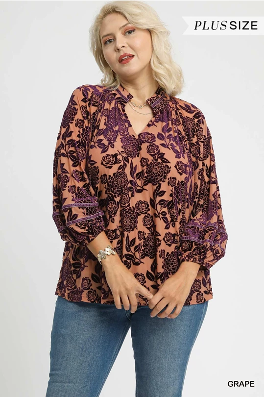 Plus Floral Grape Velvet Burnout Blouse