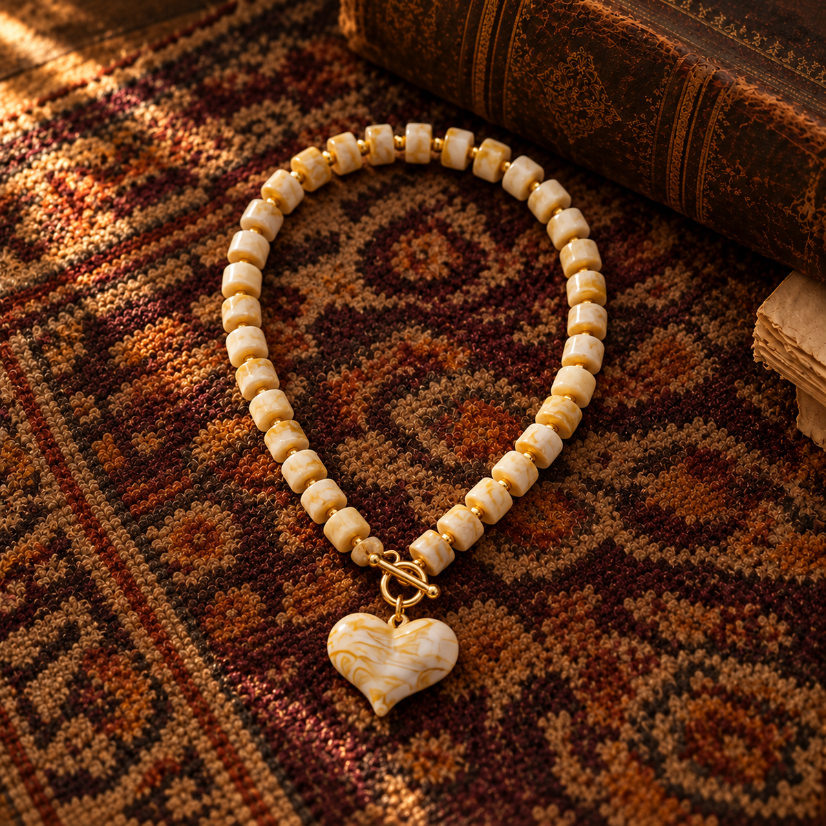 Off White Chunky Bead Heart Necklace