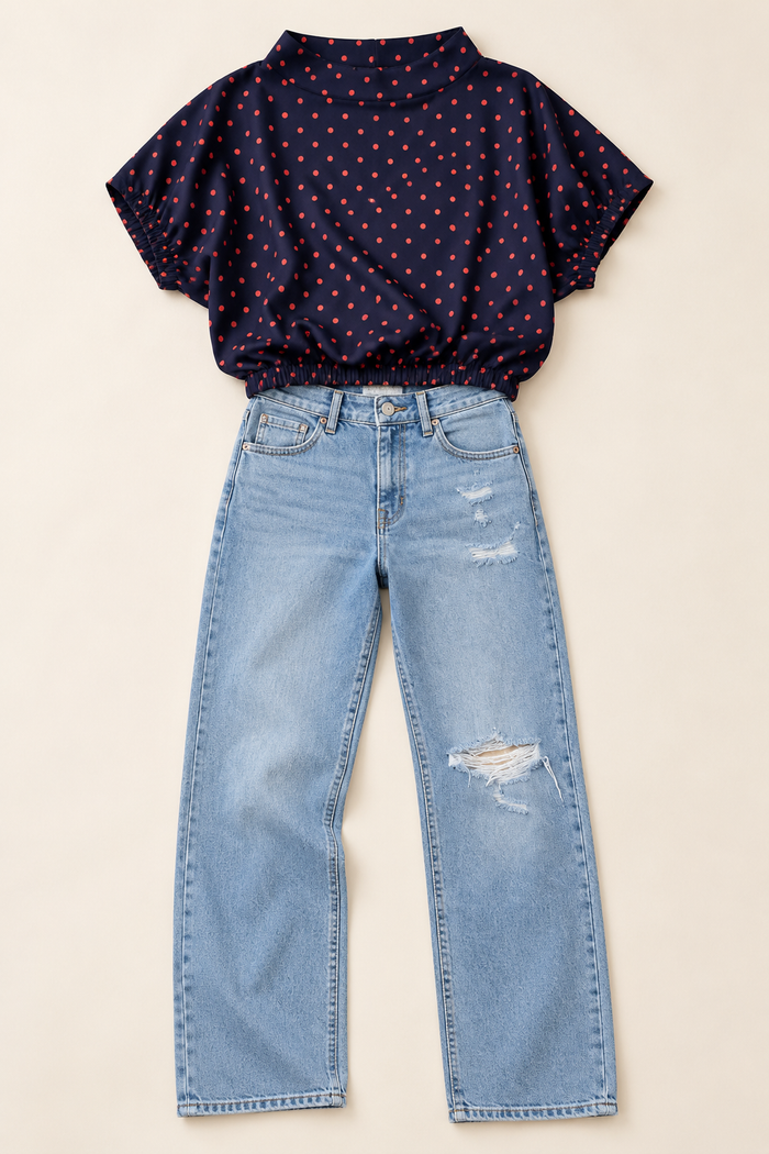 Navy & Pink Polka Dot Blouse