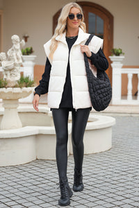 *Website Exclusive* Beige Solid Zipper Stand Neck Oversized Puffer Vest