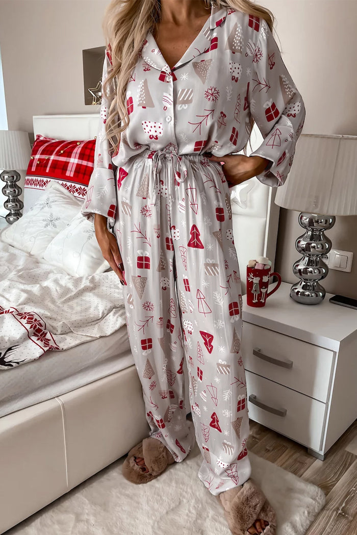 *WEBSITE EXCLUSIVE* Light Grey Christmas Deer Printed Shirt and Pants Pajama Set