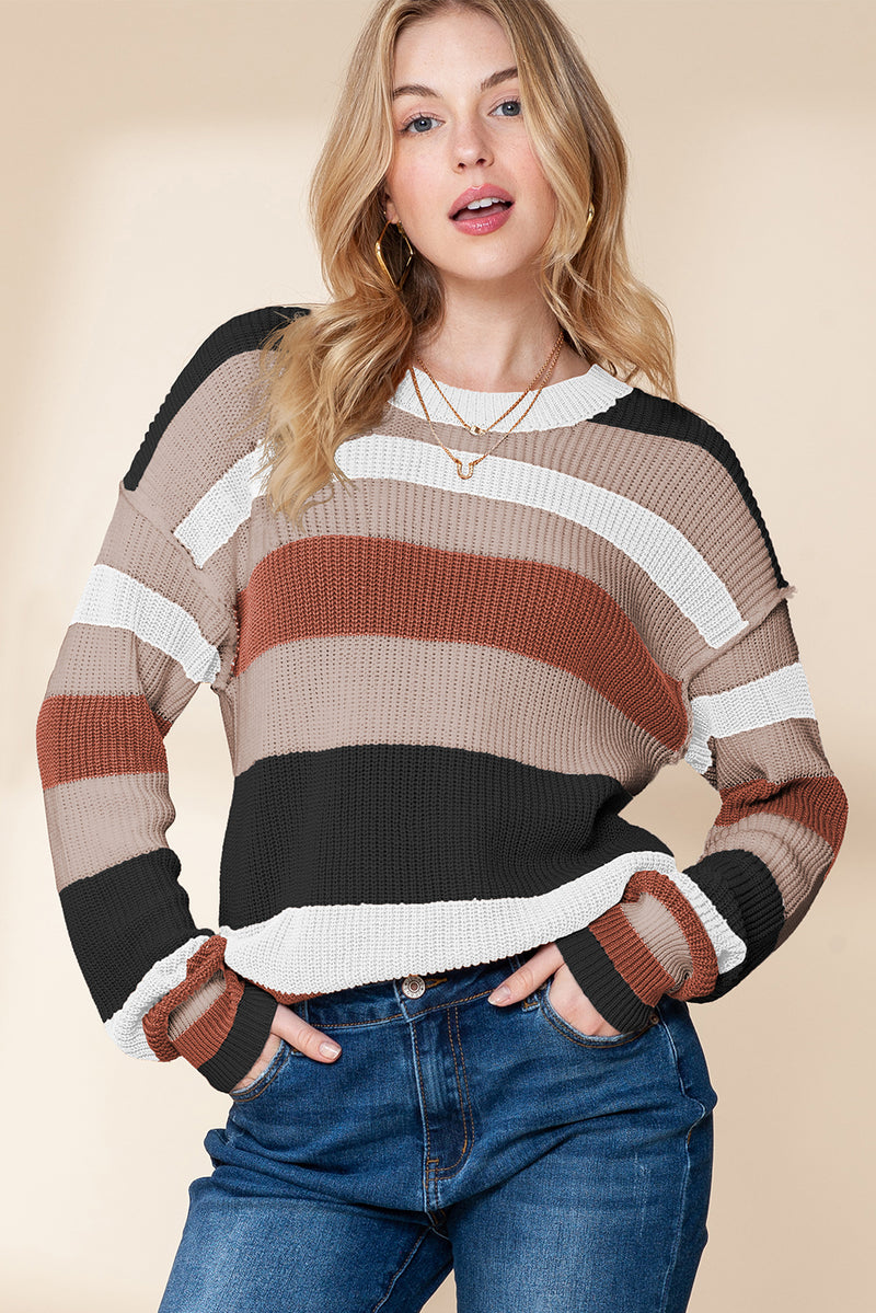 *Website Exclusive* Camel Ribbed Round Neck Color Block Knitted Sweater