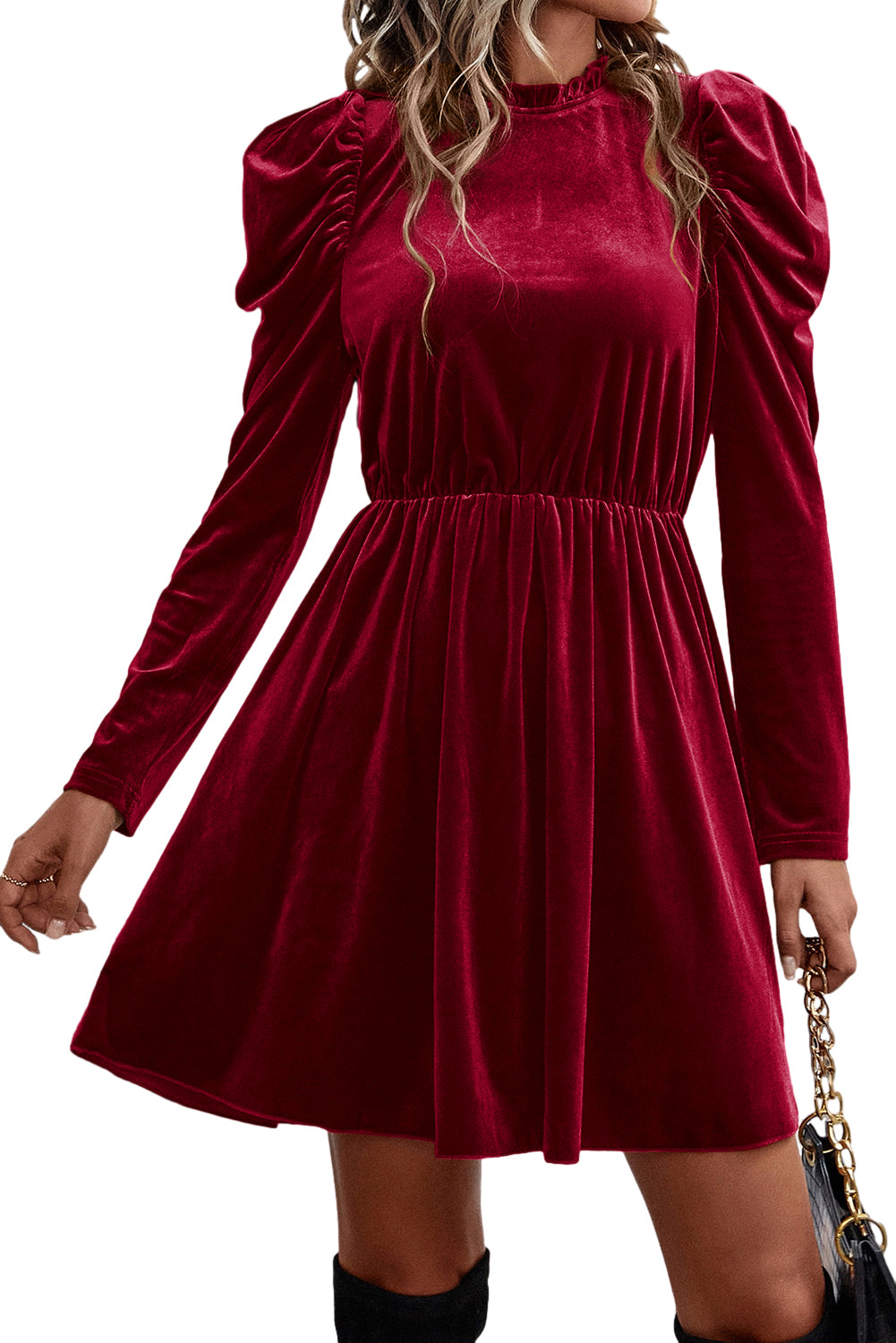 *Website Exclusive* Velvet Frilled Neck Gigot Sleeve Swing Dress