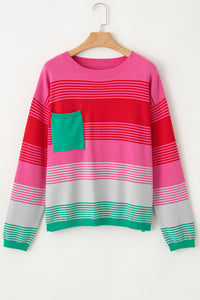 *WEBSITE EXCLUSIVE* Rose Striped Patch Pocket Drop Shoulder Knit Sweater