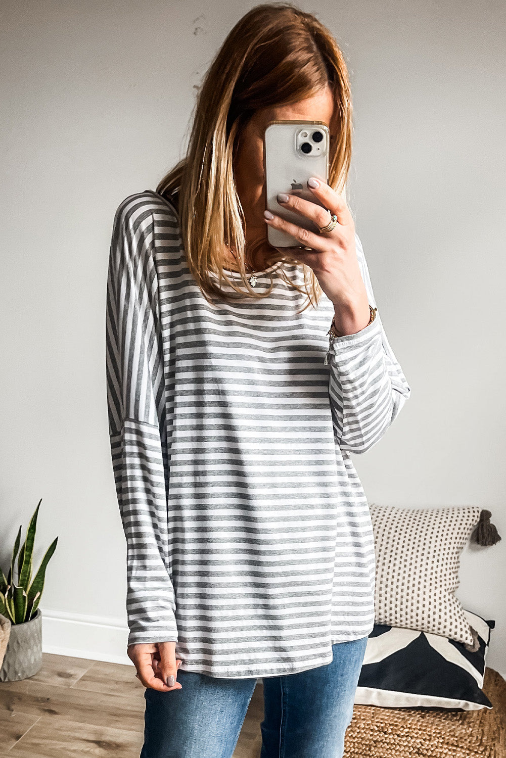 *WEBSITE EXCLUSIVE* Gray Stripe Drop Sleeve Round Neck Oversized Top