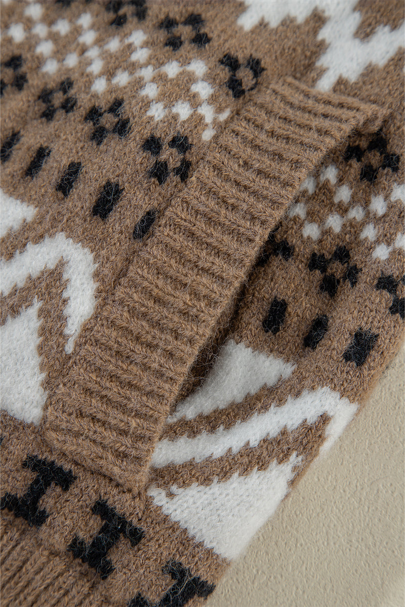 *Website Exclusive* Brown Geometric Print Ribbed Trim Zipper Collar Sweater