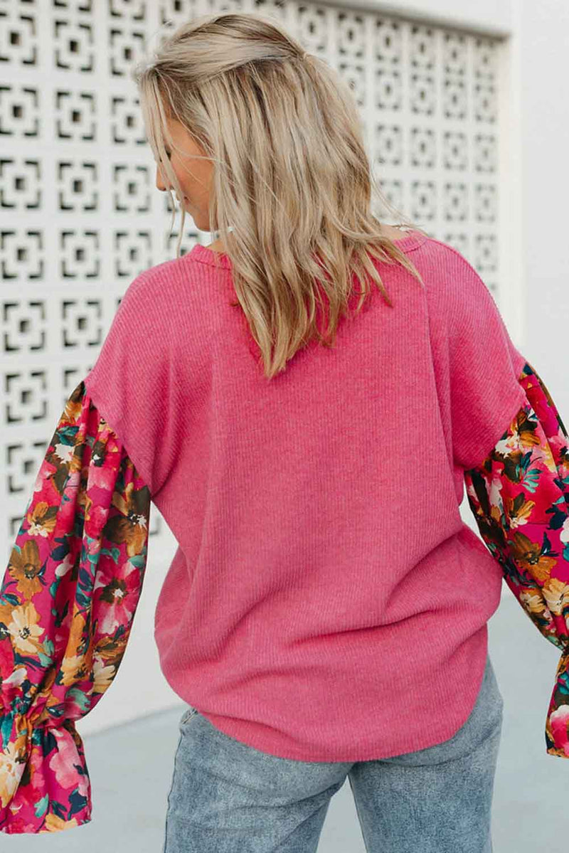 *WEBSITE EXCLUSIVE*  Flower Patchwork Ribbed Knit Drop Shoulder Top