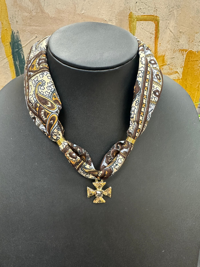 Brown Scarf Necklace with Cross Charm