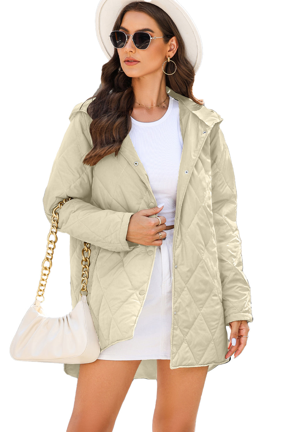 *Website Exclusive* Beige Quilted Snap Button Hooded Puffer Coat