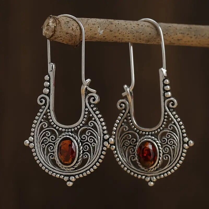 Red Stone Silver Boho Earrings