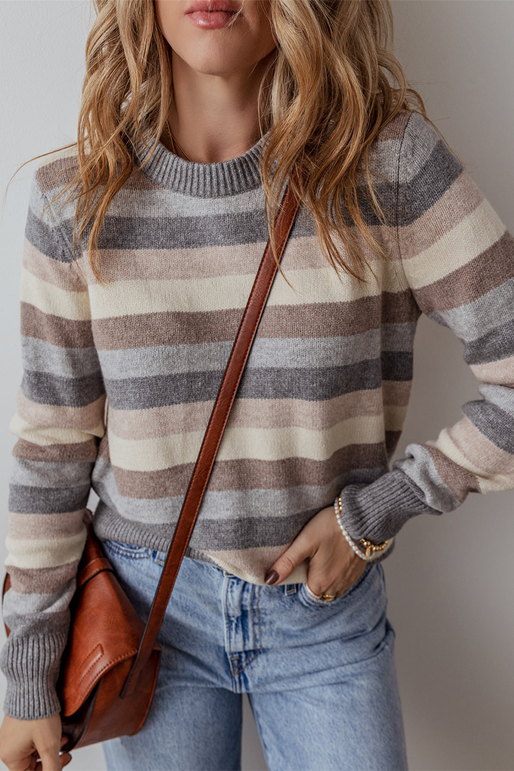 *WEBSITE EXCLUSIVE* Sarah Gray Striped Ribbed Edge Round Neck Sweater