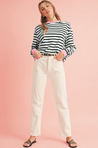 *Website Exclusive* Striped Contrast Trim Long Sleeve Top