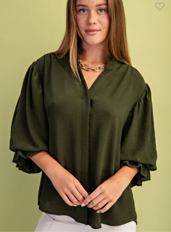 Olive Green 3/4 Sleeve Blouse