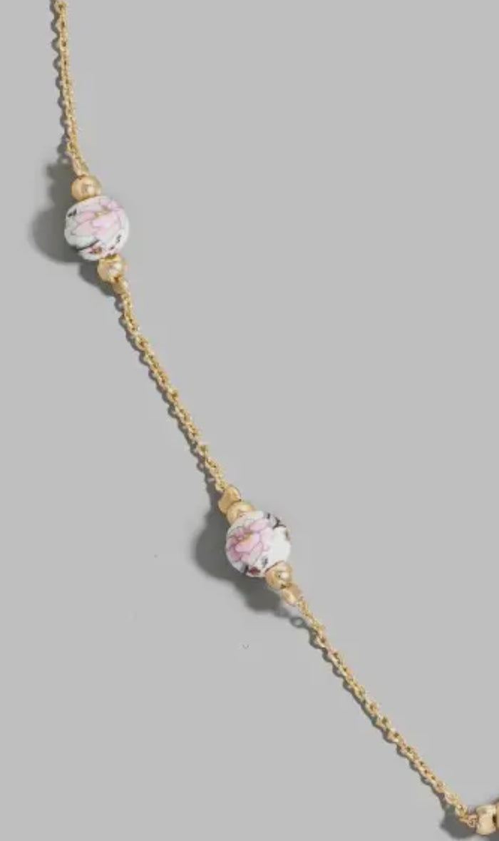Ceramic Bead Pink Floral Necklace