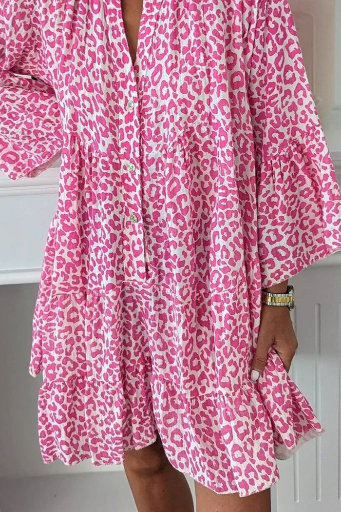 *WEBSITE EXCLUSIVE* Bright Pink Leopard Print Flounce Sleeve Mini Dress