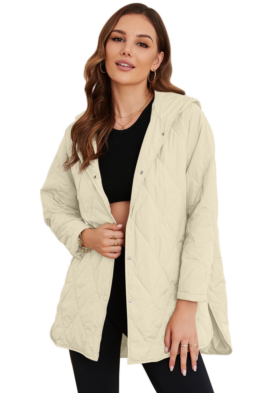 *Website Exclusive* Beige Quilted Snap Button Hooded Puffer Coat