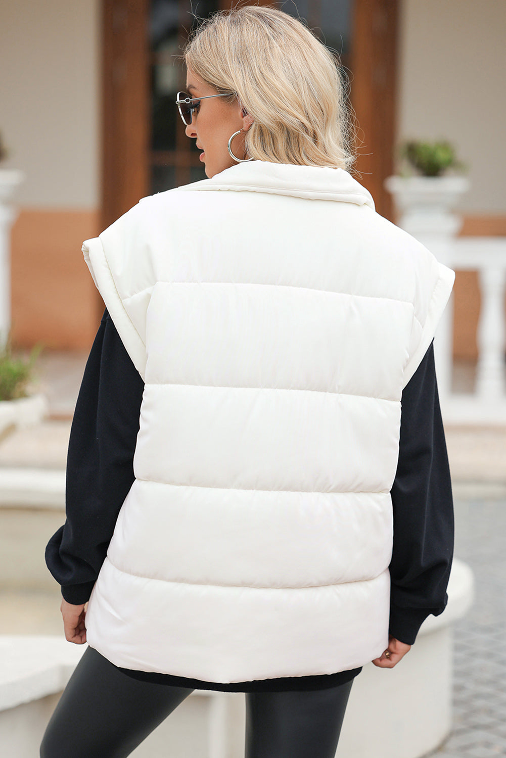 *Website Exclusive* Beige Solid Zipper Stand Neck Oversized Puffer Vest