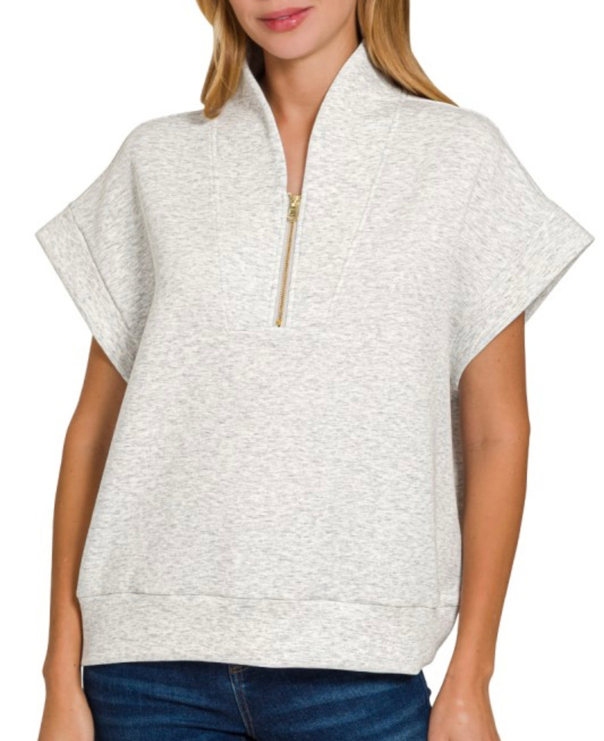 Heather Grey Half Zip Short Sleeve “Dupe” Top