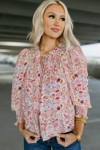 *WEBSITE EXCLUSIVE* Red Boho Paisley Print Shirred Cuffs Blouse