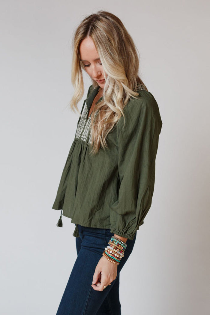 *WEBSITE EXCLUSIVE* Green Embroidered Split Neck Pleated Loose Blouse