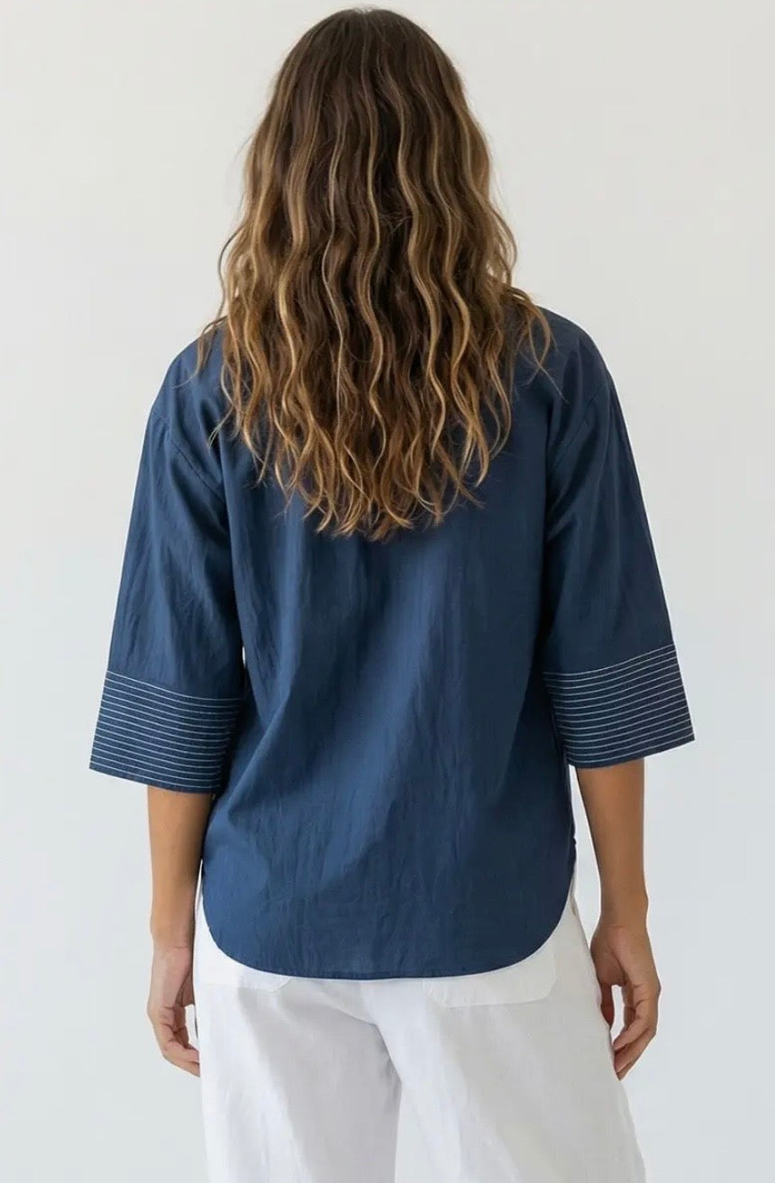 Blue Contrast Stitching Blouse