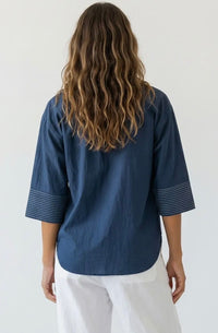 Blue Contrast Stitching Blouse