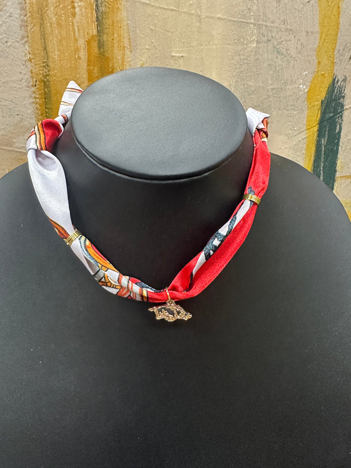 Red & White Scarf Necklace with Arkansas Razorback Charm
