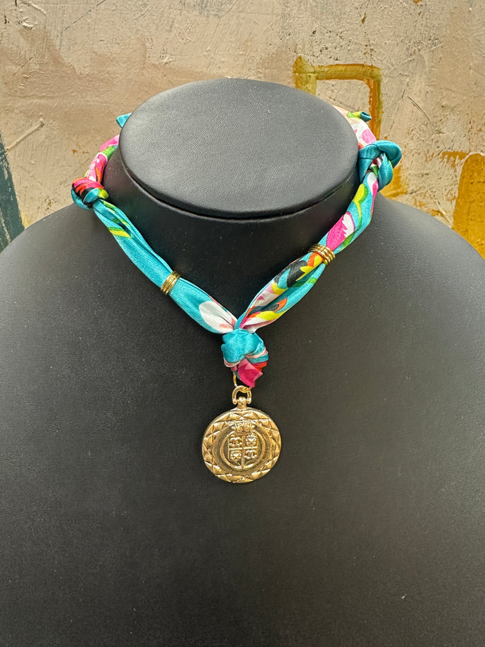 Turquoise Scarf Necklace with Coin