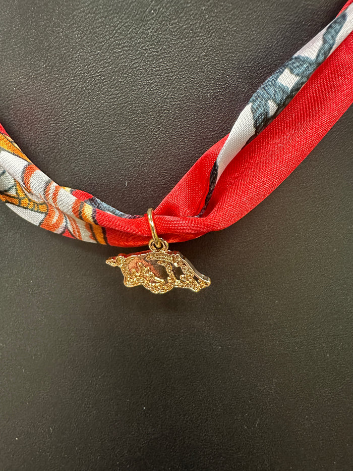 Red & White Scarf Necklace with Arkansas Razorback Charm