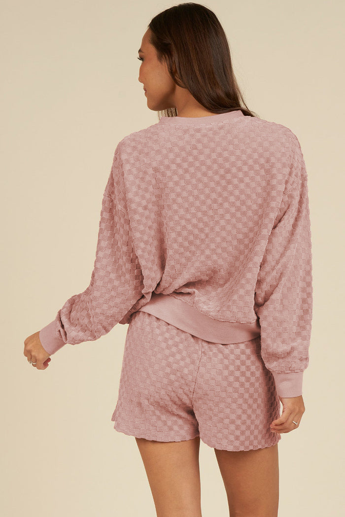 *Website Exclusive* Blossom Checkered Textured Long Sleeve Top and Shorts Set