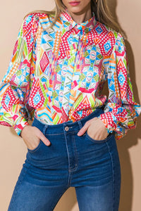 *WEBSITE EXCLUSIVE* Multicolour Abstract Print Button Lantern Sleeve Shirt