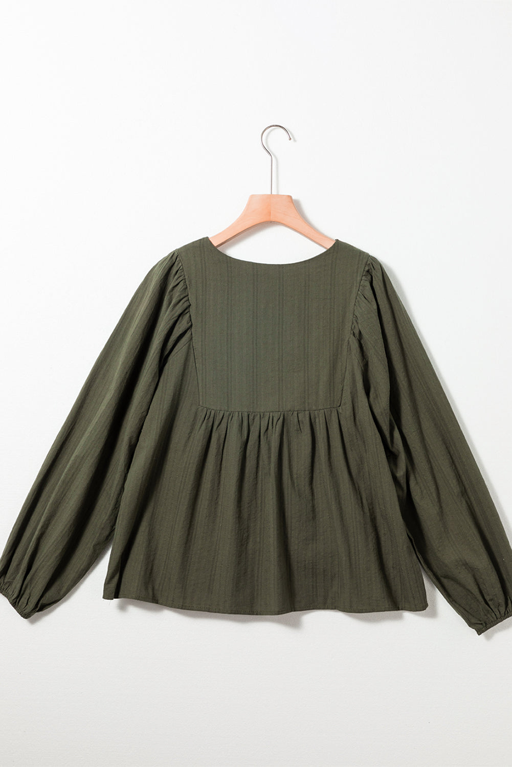 *WEBSITE EXCLUSIVE* Green Embroidered Split Neck Pleated Loose Blouse