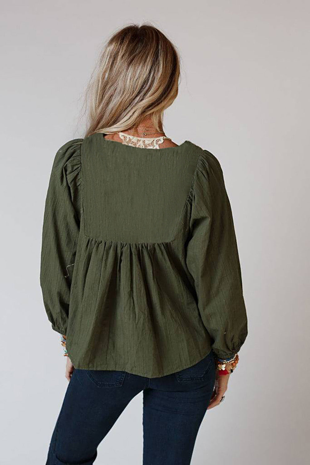 *WEBSITE EXCLUSIVE* Green Embroidered Split Neck Pleated Loose Blouse