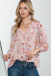 *WEBSITE EXCLUSIVE* Red Boho Paisley Print Shirred Cuffs Blouse