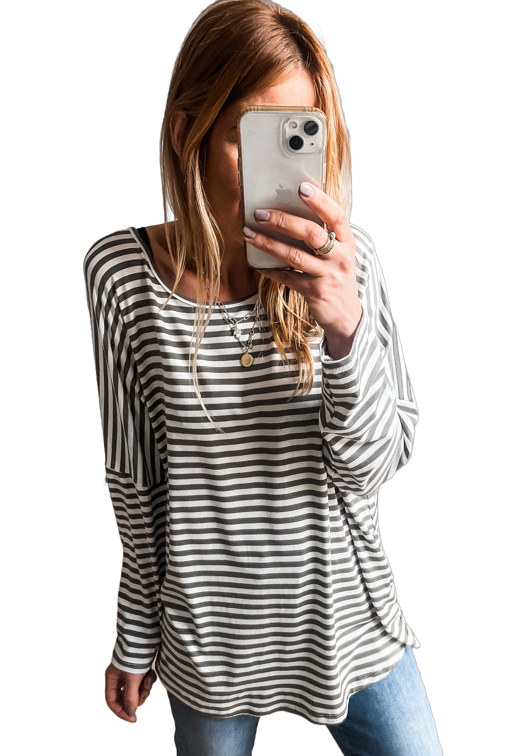 *WEBSITE EXCLUSIVE* Gray Stripe Drop Sleeve Round Neck Oversized Top