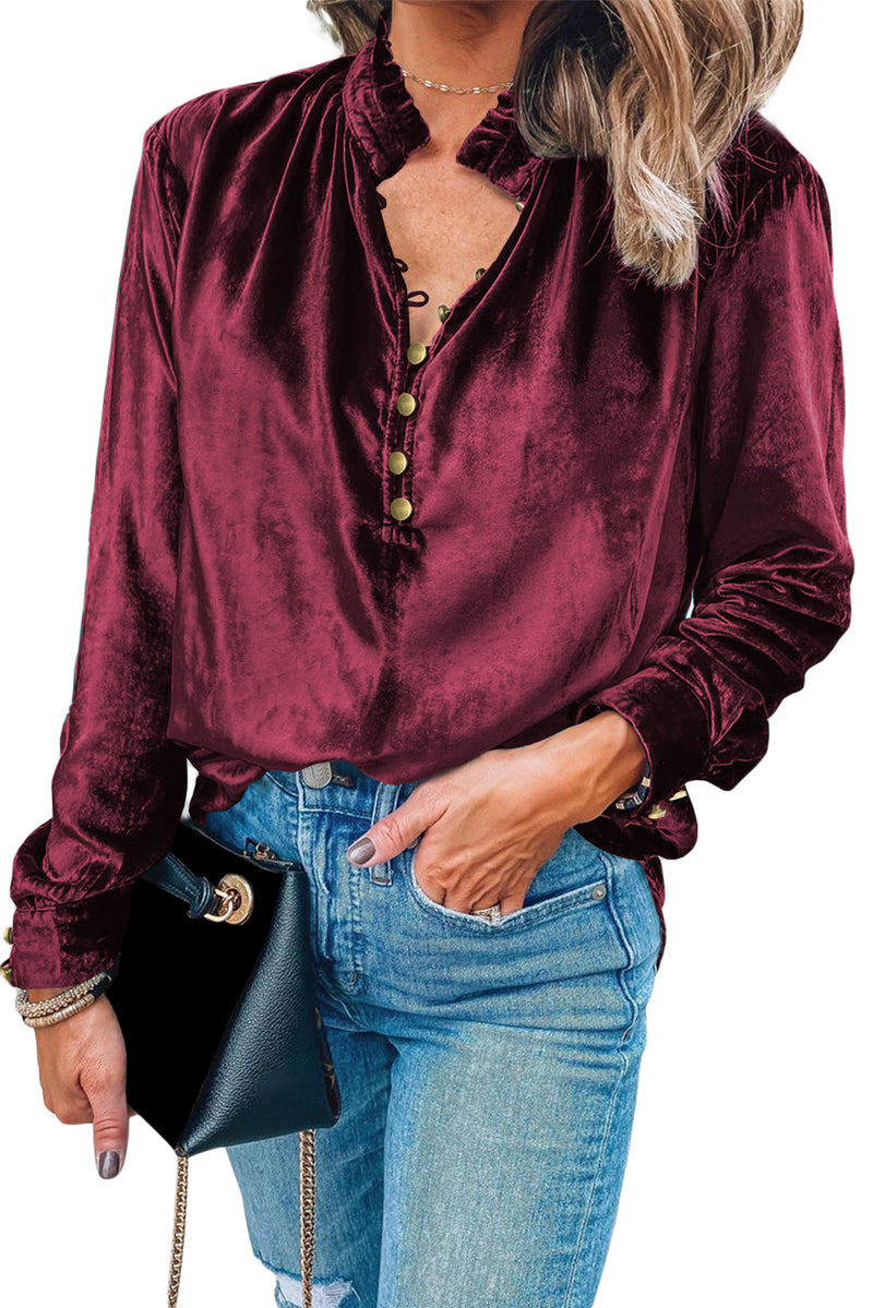 *Website Exclusive * Elle  Buttoned V Neck Velvet Blouse