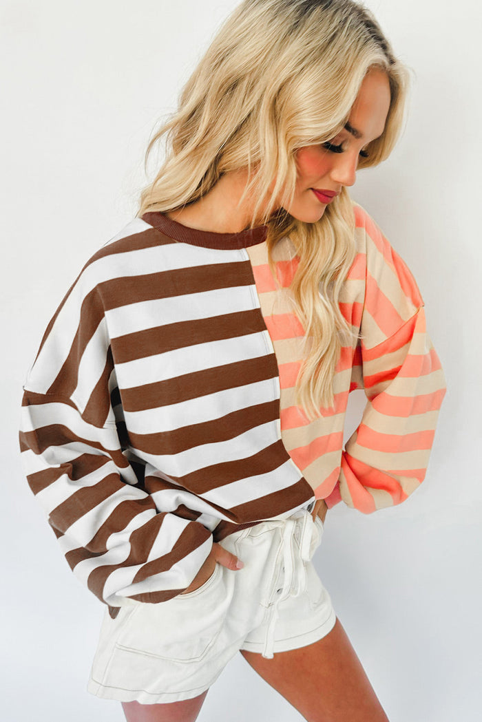 *Website Exclusive* Brown Stripe Color Block Drop Shoulder Pullover Sweatshirt