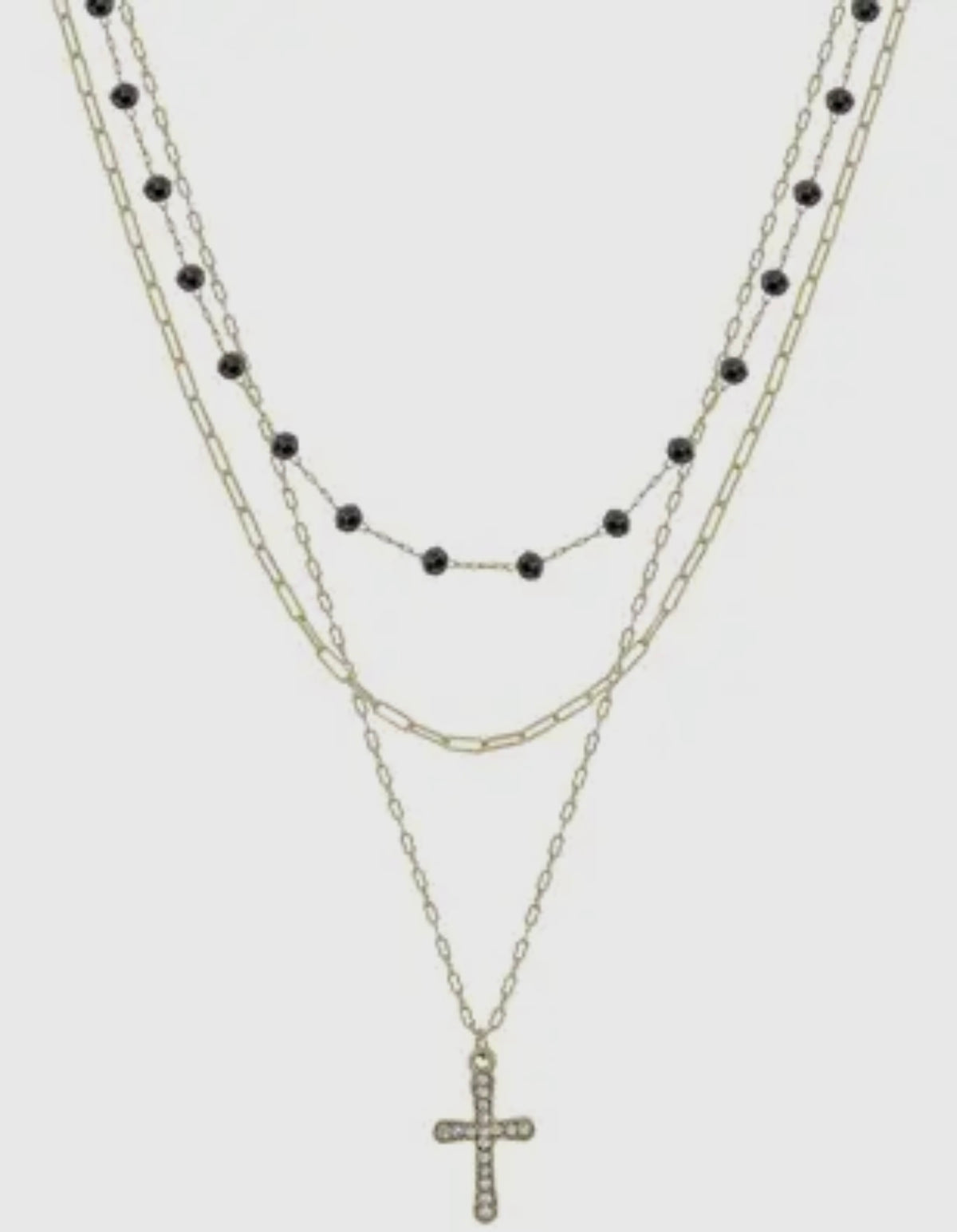 Black Crystal Beaded and Gold Pave
Cross 16"18" Necklace
