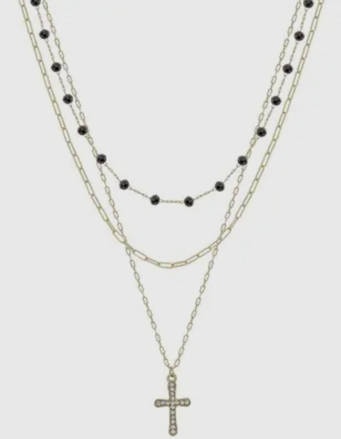 Black Crystal Beaded and Gold Pave
Cross 16"18" Necklace