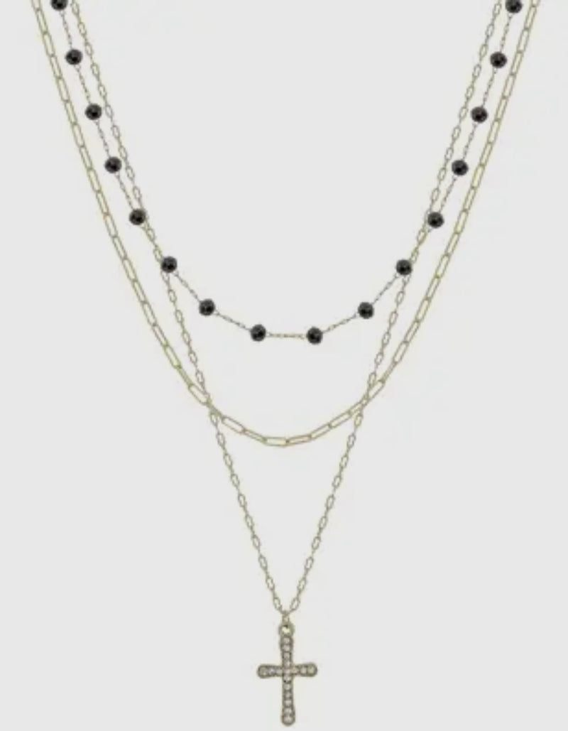 Black Crystal Beaded and Gold Pave
Cross 16"18" Necklace