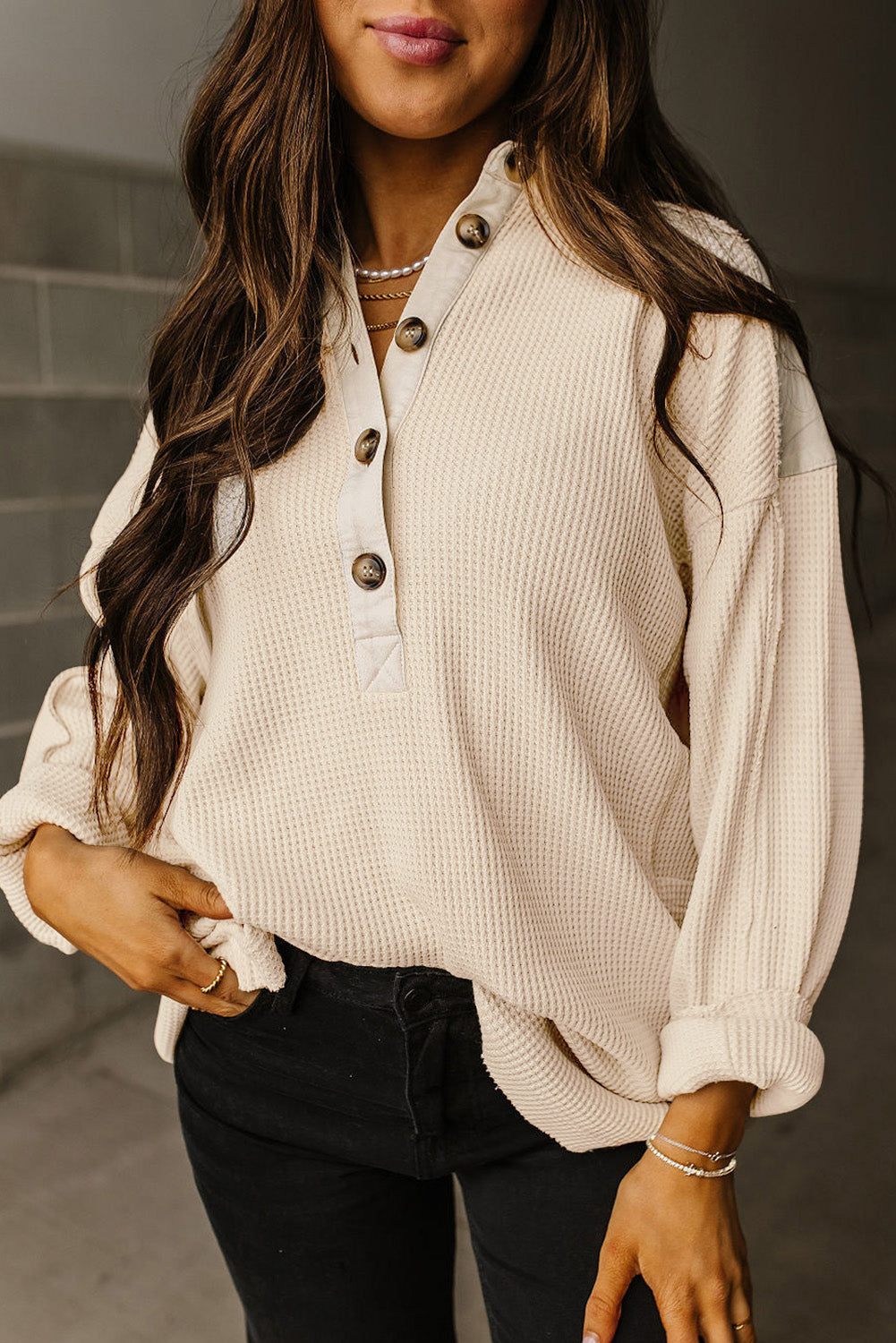 *WEBSITE EXCLUSIVE* Rachael Waffle Long Sleeve Henley Top