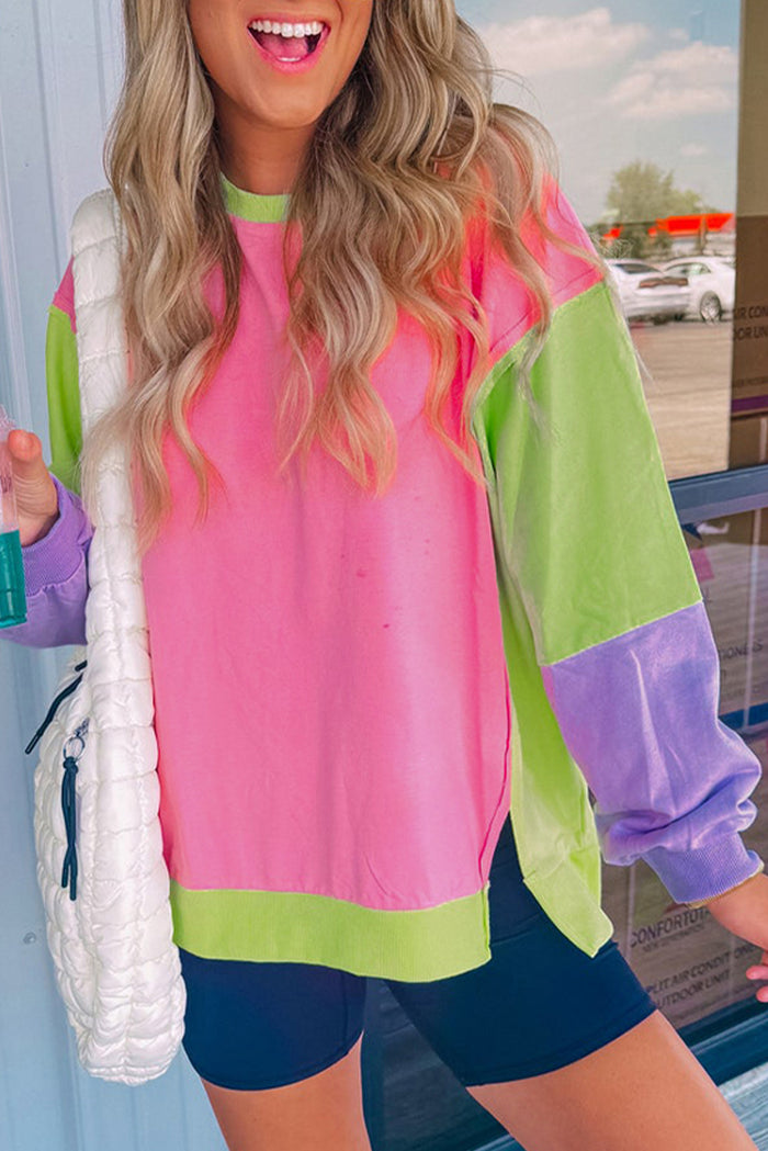 *Website Exclusive* Pink Colorblock Patchwork Oversized Sweatshirt