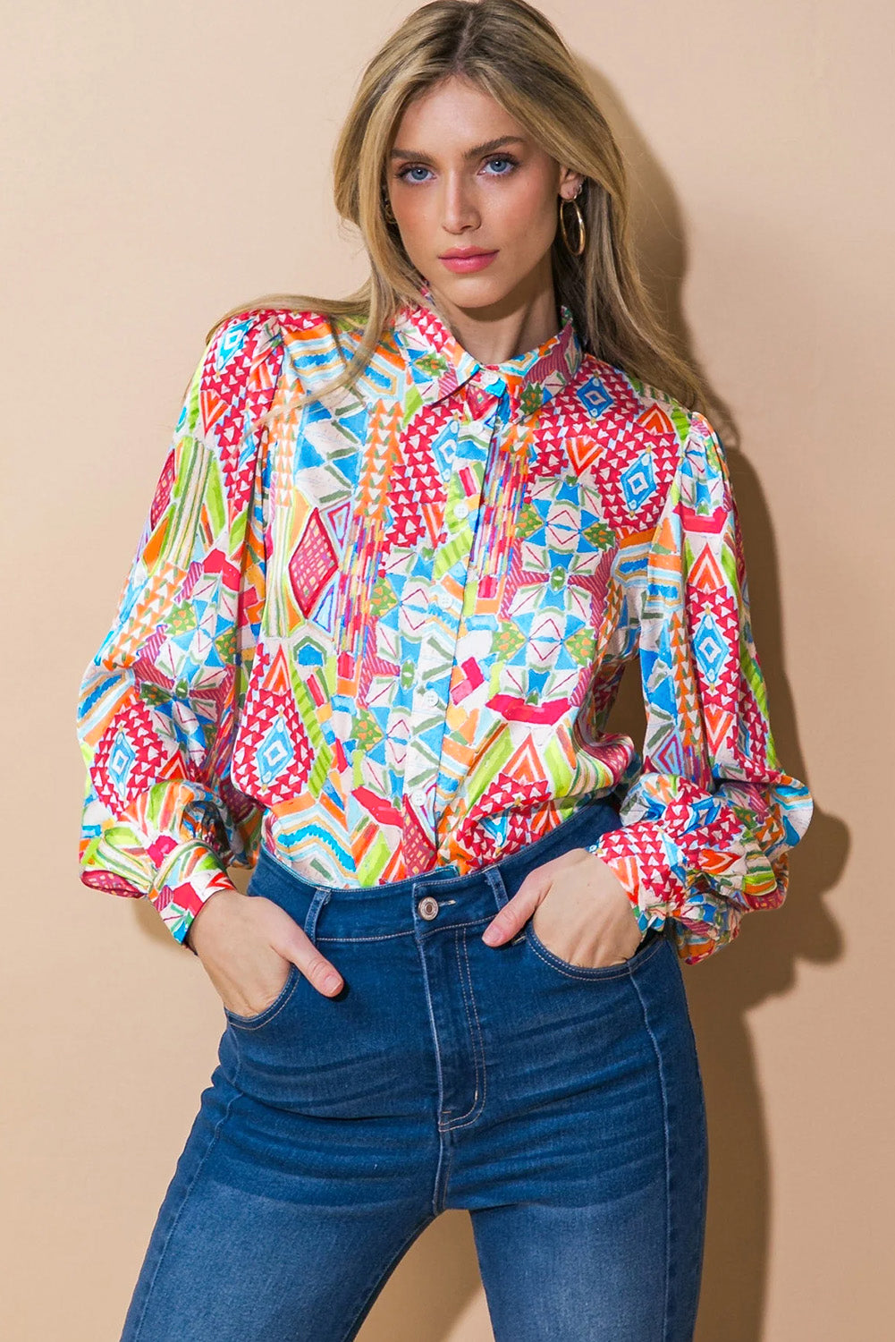 *WEBSITE EXCLUSIVE* Multicolour Abstract Print Button Lantern Sleeve Shirt