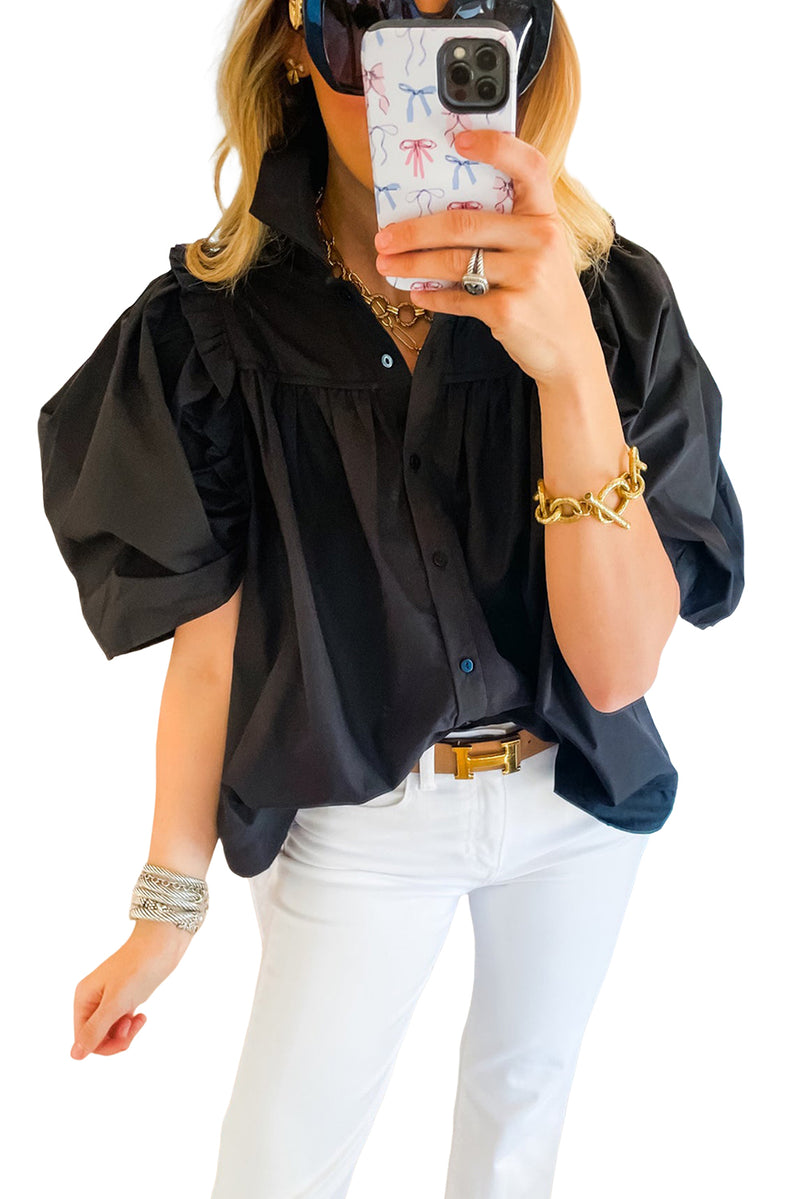 *WEBSITE EXCLUSIVE* Black Puff Sleeve Buttoned Up Blouse