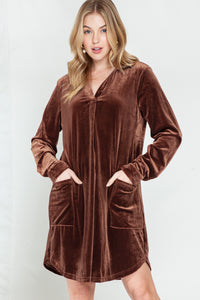 *Website Exclusive* Coffee Roll Tab Sleeve Collared V Neck Velvet Dress