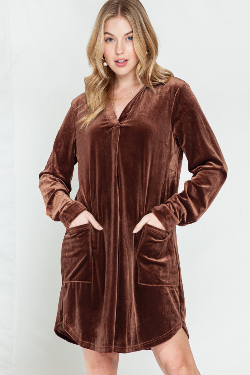 *Website Exclusive* Coffee Roll Tab Sleeve Collared V Neck Velvet Dress