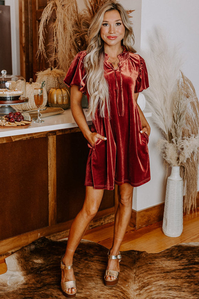 *WEBSITE EXCLUSIVE* Cinnamon Velvet Puff Sleeve Mini Dress