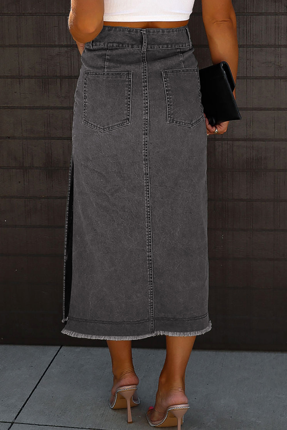 *Website Exclusive* Black Raw Edge Side Slits Buttoned Midi Denim Skirt