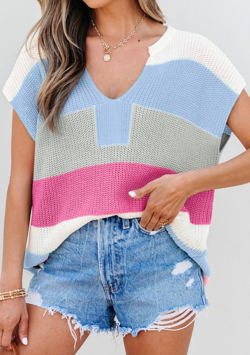 Blue, Grey, Pink & White Striped Summer Sweater