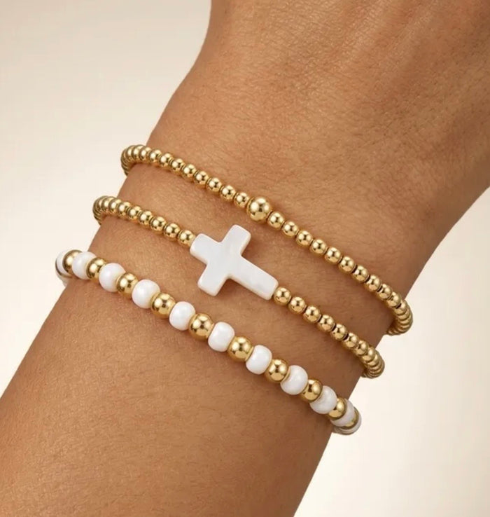 Set of 3 Gold Pearl Cross Bracelet